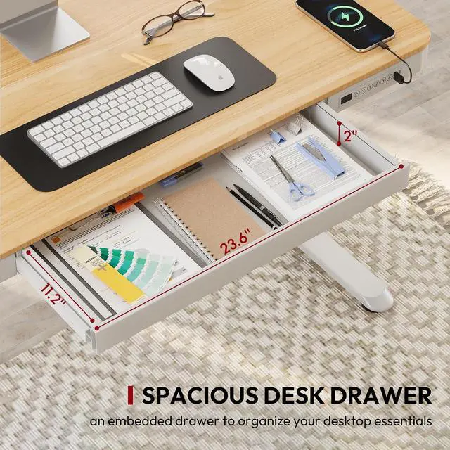 Alt view image 4 of 7 - Standing Desk with Drawer, Electric Height Adjustable Home Office Desk with Storage & USB Ports, 55 inch Maple Wood Tabletop/White Frame