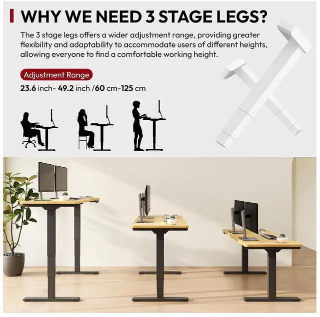 Alt view image 2 of 7 - Standing Desk with Dual Motor, 3-Stage Lifting Column, Handset with 3 Preset and Sit-Stand Reminder - 60 inch One-piece Maple Desk/Black Frame, Height Adjustable Desk for Home and Office