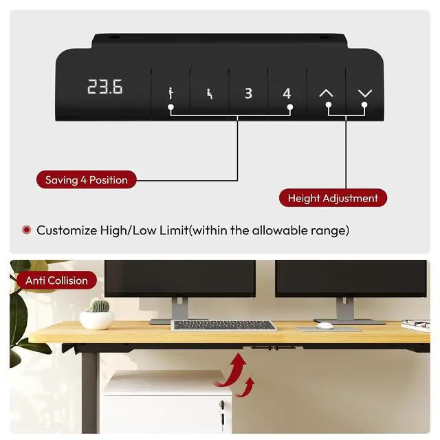 Alt view image 5 of 7 - Standing Desk with Dual Motor, 3-Stage Lifting Column, Handset with 3 Preset and Sit-Stand Reminder - 60 inch One-piece Maple Desk/Black Frame, Height Adjustable Desk for Home and Office