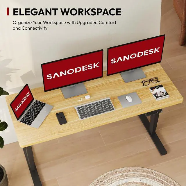 Alt view image 4 of 7 - Standing Desk with Dual Motor, 3-Stage Lifting Column, Handset with 3 Preset and Sit-Stand Reminder - 60 inch One-piece Maple Desk/Black Frame, Height Adjustable Desk for Home and Office