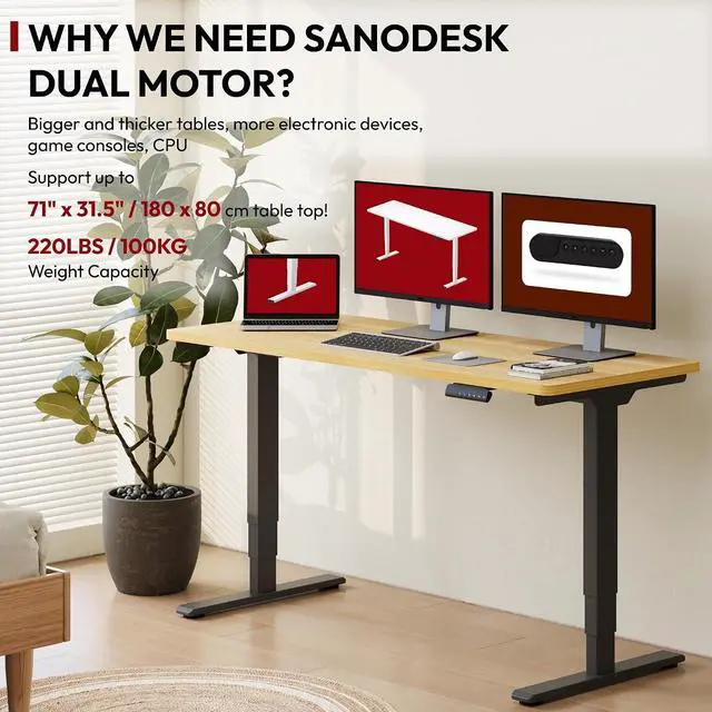 Alt view image 3 of 7 - Standing Desk with Dual Motor, 3-Stage Lifting Column, Handset with 3 Preset and Sit-Stand Reminder - 60 inch One-piece Maple Desk/Black Frame, Height Adjustable Desk for Home and Office