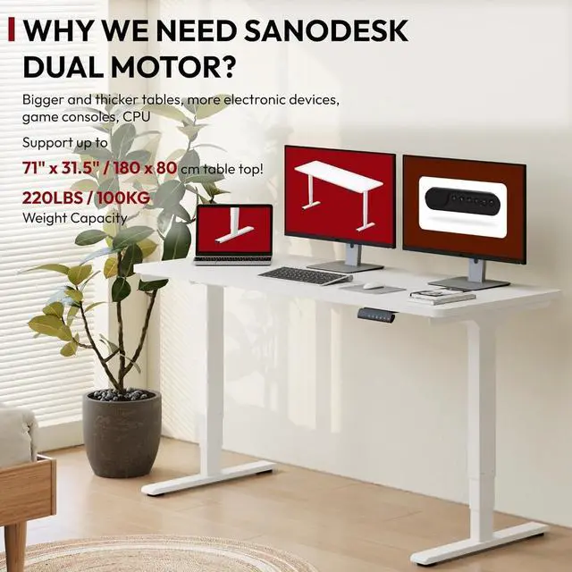 Alt view image 2 of 7 - Standing Desk with Dual Motor, 3-Stage Lifting Column, Handset with 3 Preset and Sit-Stand Reminder - 60 inch Whole Piece White Desk/White Frame, Height Adjustable for Home and Office