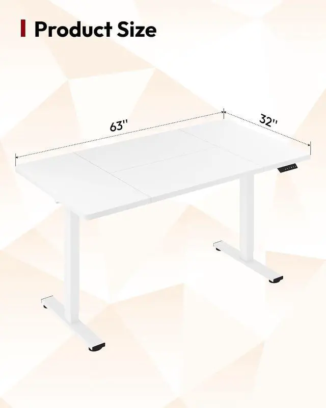Alt view image 2 of 7 - Electric Standing Desk 63 x 32 Inches Height Adjustable Stand Up w/6-Button Controller Ergonomic Computer Desk with Splice Board for Home Office, White Frame + White Tabletop