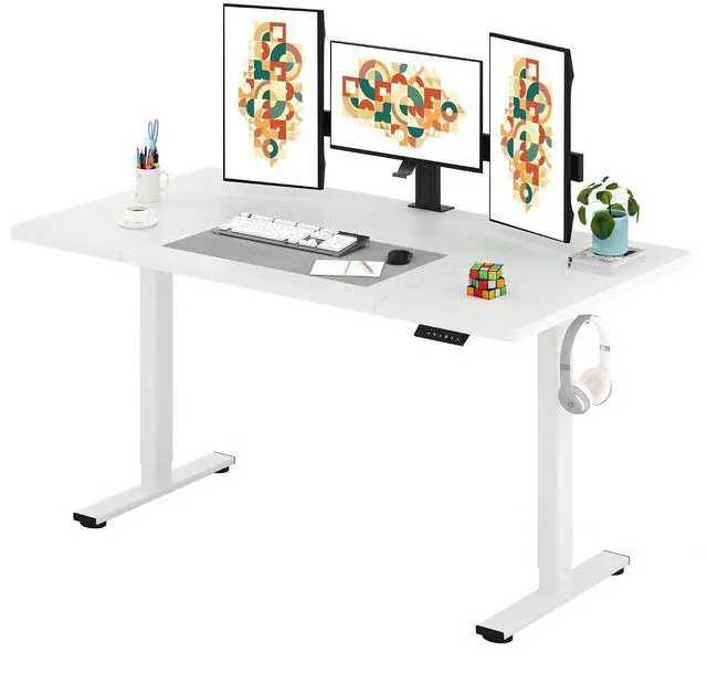 Main image of Electric Standing Desk 63 x 32 Inches Height Adjustable Stand Up w/6-Button Controller Ergonomic Computer Desk with Splice Board for Home Office, White Frame + White Tabletop