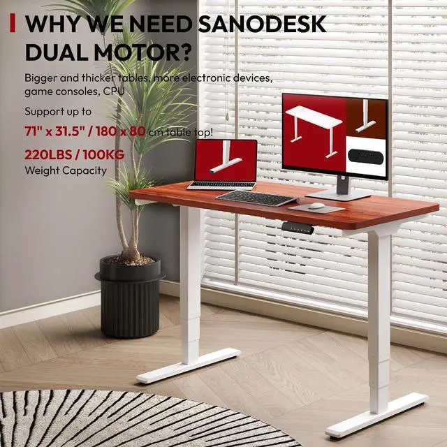 Alt view image 3 of 7 - 48" Electric Standing Desk,One-Piece Dual Motor Height Adjustable Desk, Stable and Durable 3-Stage Stand up Desk for Home Office (White Frame/48 x 30 Inch Mahogany top)