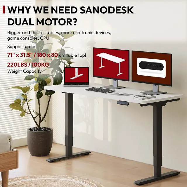 Alt view image 3 of 7 - Standing Desk with Dual Motor, 3-Stage Lifting Column, Handset with 3 Preset and Sit-Stand Reminder - 60 inch One-piece White Desk/White Frame, Height Adjustable for Home and Office