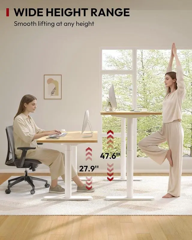 Alt view image 5 of 7 - Bamboo Standing Desk with Rounded-Column & One-Piece Desktop - 55"x28" Electric Adjustable Desk for Home Office, Memory Height Control, White Frame