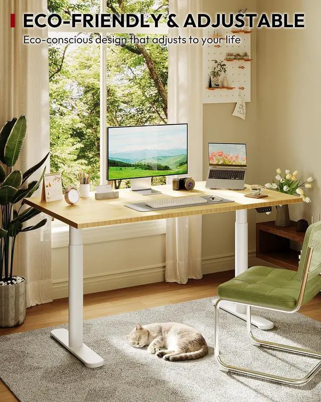 Alt view image 7 of 7 - Bamboo Standing Desk with Rounded-Column & One-Piece Desktop - 55"x28" Electric Adjustable Desk for Home Office, Memory Height Control, White Frame