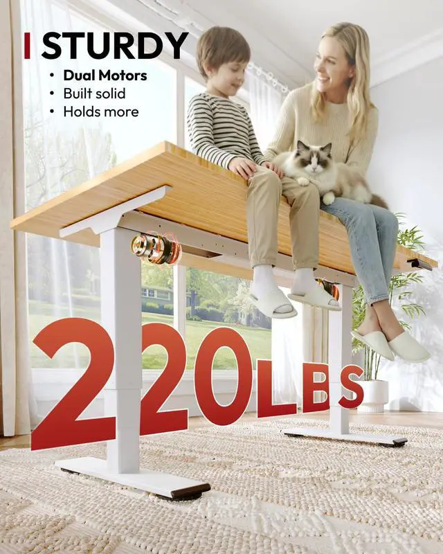 Alt view image 3 of 7 - Solid Bamboo 3-Stage Dual Motor Standing Desk 55×28 One-Piece Top, Holds 220 lbs, Spacious Ergonomic Sit Stand Desk with Memory Presets for Home Office, White Frame/Natural Bamboo