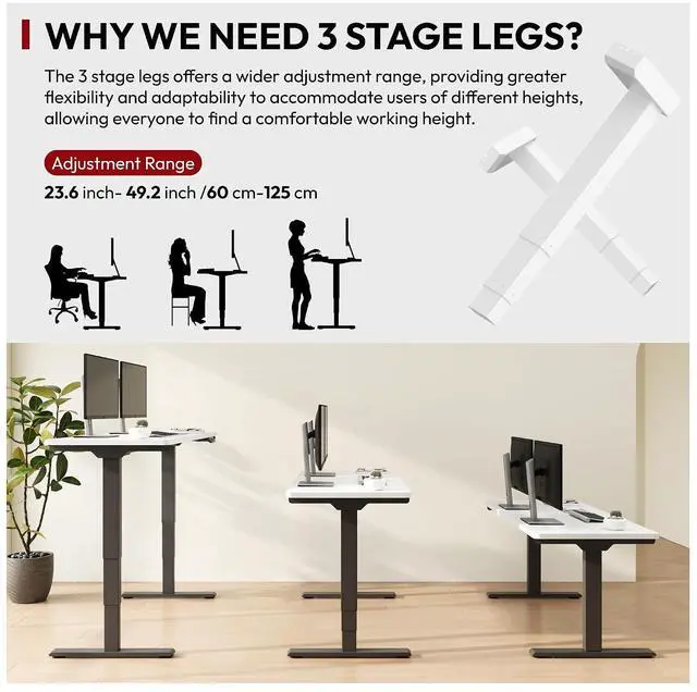 Alt view image 4 of 7 - Standing Desk with Dual Motor, 3-Stage Lifting Column, Handset with 3 Preset and Sit-Stand Reminder - 60 inch One-piece White Desk/White Frame, Height Adjustable for Home and Office