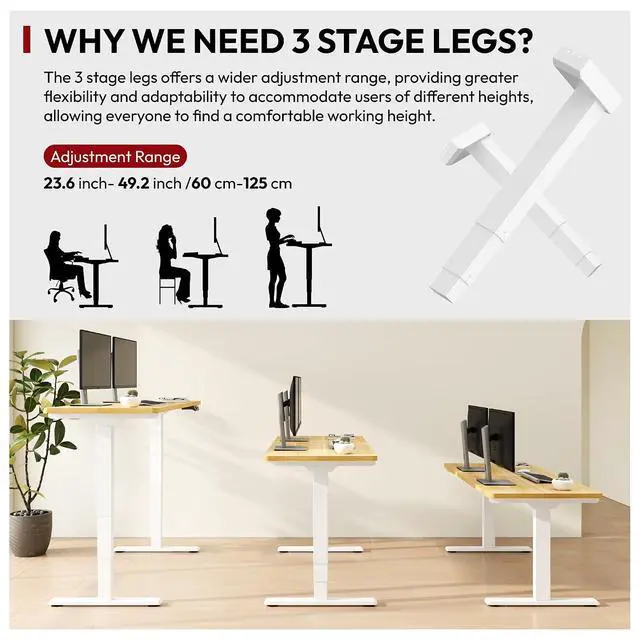 Alt view image 3 of 7 - Standing Desk with Dual Motor, 3-Stage Lifting Column, Handset with 3 Preset and Sit-Stand Reminder - 60 inch One-Piece Maple Desk/White Frame, Height Adjustable Desk for Home and Office