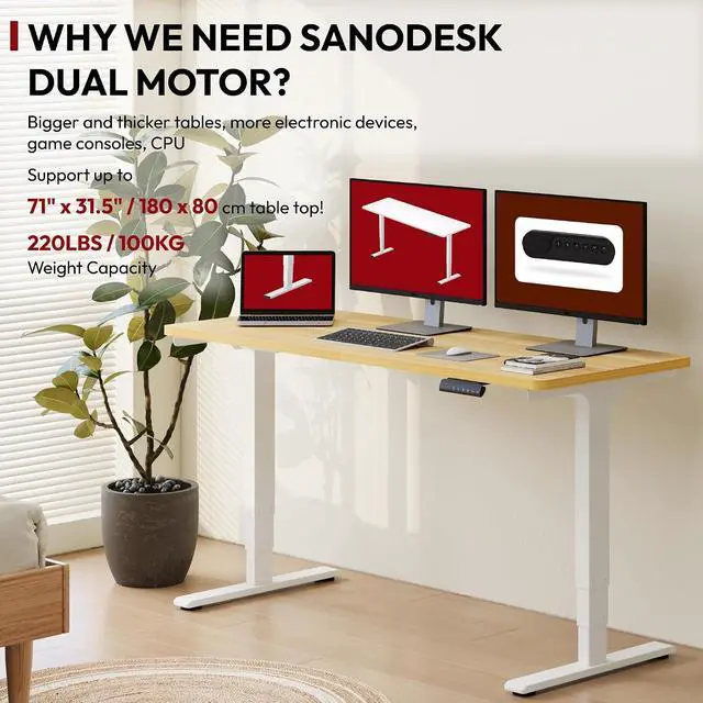 Alt view image 4 of 7 - Standing Desk with Dual Motor, 3-Stage Lifting Column, Handset with 3 Preset and Sit-Stand Reminder - 60 inch One-Piece Maple Desk/White Frame, Height Adjustable Desk for Home and Office