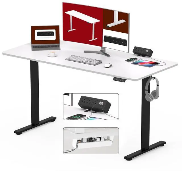 Main image of Electric Standing Desk with Desk Clamp Power Strip 55"x 28" Whole-Piece Desktop Height Adjustable Stand Up with Cable Management Sit Stand Home Office Desk Black Frame/White Top