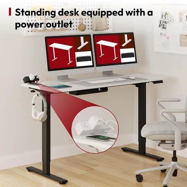 Alt view image 6 of 7 - Electric Standing Desk with Desk Clamp Power Strip 55"x 28" Whole-Piece Desktop Height Adjustable Stand Up with Cable Management Sit Stand Home Office Desk Black Frame/White Top