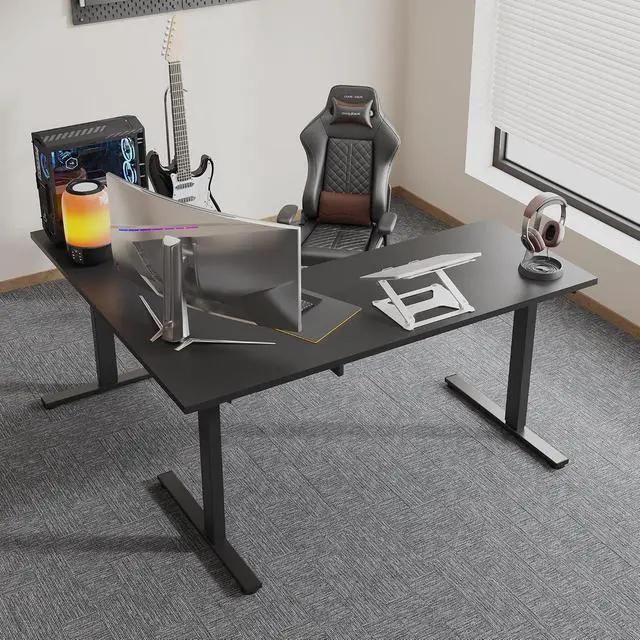 Alt view image 2 of 7 - Electric Corner L-Shaped 71 x 63 in Standing Desk, Memory Height Adjustment, Black Top Black Frame