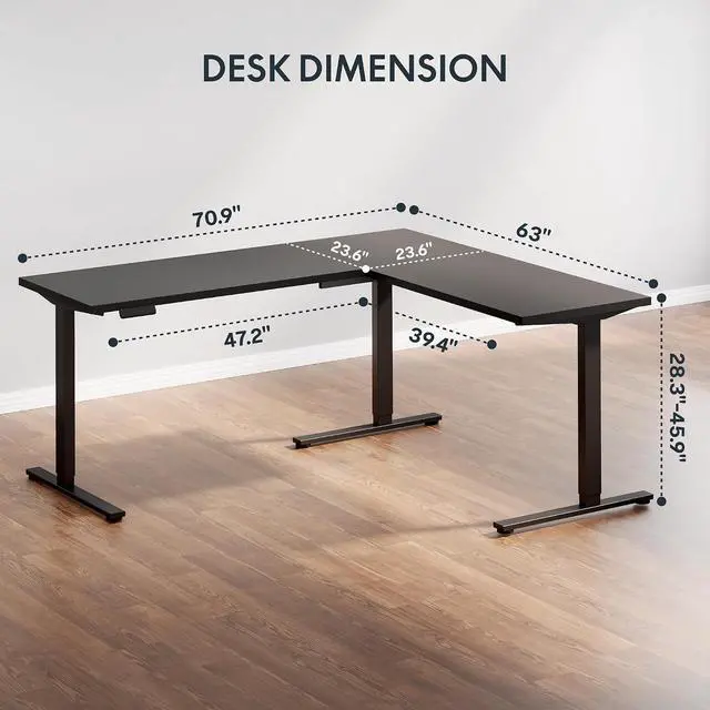 Alt view image 3 of 7 - Electric Corner L-Shaped 71 x 63 in Standing Desk, Memory Height Adjustment, Black Top Black Frame