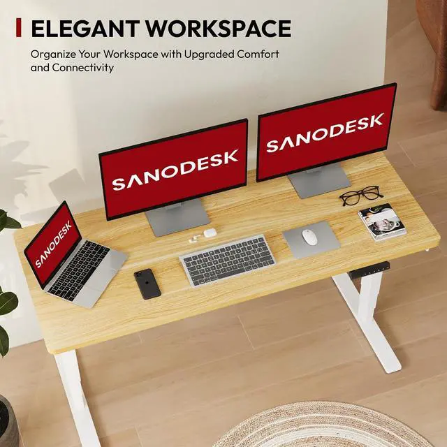 Alt view image 5 of 7 - Standing Desk with Dual Motor, 3-Stage Lifting Column, Handset with 3 Preset and Sit-Stand Reminder - 60 inch One-Piece Maple Desk/White Frame, Height Adjustable Desk for Home and Office