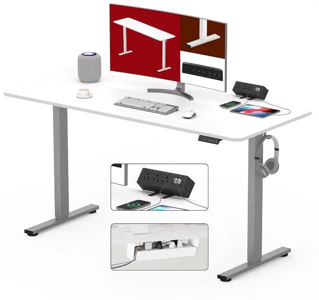 Main image of Electric Standing Desk with Desk Clamp Power Strip 48"x 30" Whole-Piece Desktop Height Adjustable Stand Up Desk with Cable Management Sit Stand Home Office Desk Silver Frame/White Top