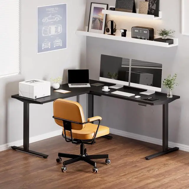 Alt view image 4 of 7 - Electric Corner L-Shaped 71 x 63 in Standing Desk, Memory Height Adjustment, Black Top Black Frame
