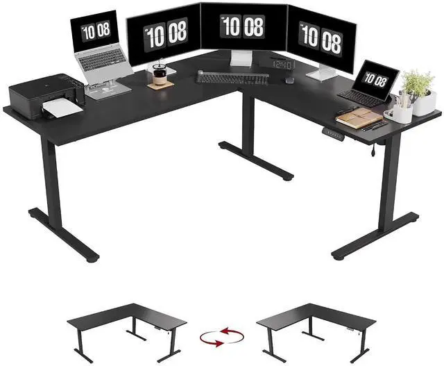 Main image of Electric Corner L-Shaped 71 x 63 in Standing Desk, Memory Height Adjustment, Black Top Black Frame