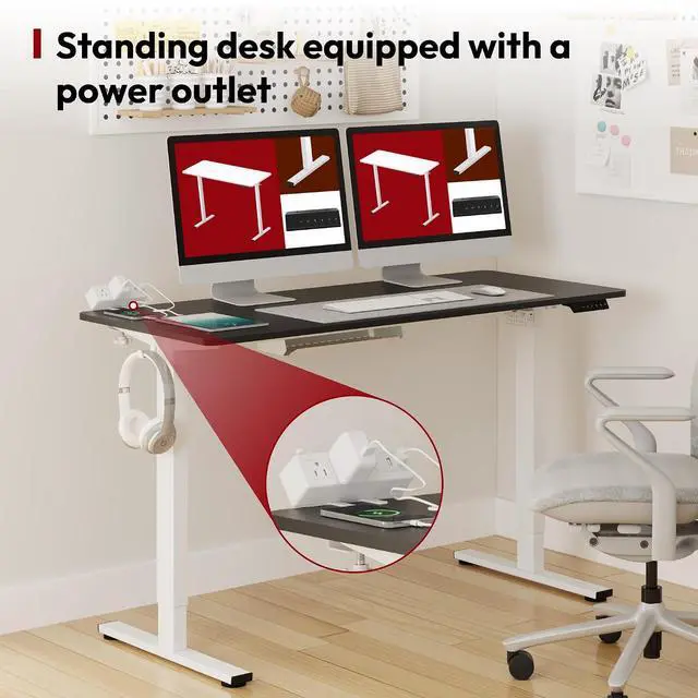 Alt view image 5 of 7 - Electric Standing Desk with Desk Clamp Power Strip 60"x 24" Whole-Piece Desktop Height Adjustable Stand Up Desk with Cable Management Sit Stand Home Office Desk White Frame/Black Top