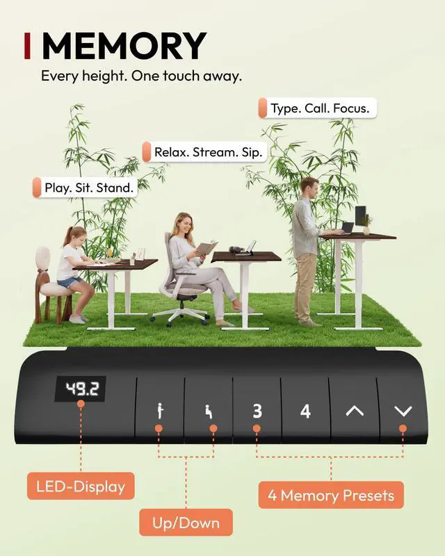 Alt view image 7 of 7 - Solid Bamboo 3-Stage Dual Motor Standing Desk 72×30 One-Piece Top, Holds 220 lbs, Spacious Ergonomic Sit Stand Desk with Memory Presets for Home Office, White Frame/Walnut Bamboo