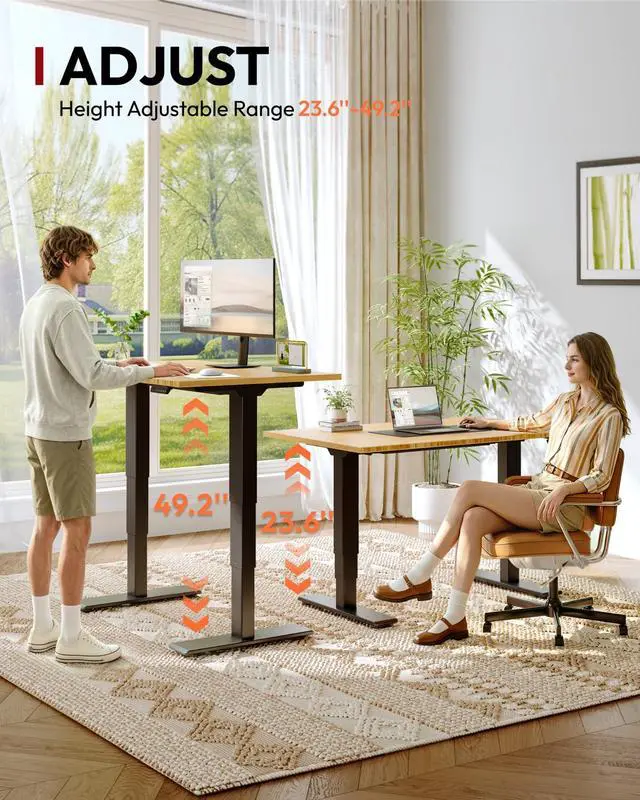 Alt view image 2 of 7 - Solid Bamboo 3-Stage Dual Motor Standing Desk 60×30 One-Piece Top, Holds 220 lbs, Spacious Ergonomic Sit Stand Desk with Memory Presets for Home Office, Black Frame/Natural Bamboo