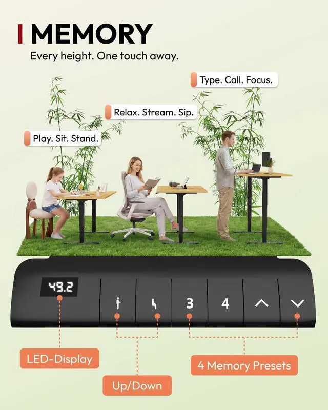 Alt view image 6 of 7 - Solid Bamboo 3-Stage Dual Motor Standing Desk 60×30 One-Piece Top, Holds 220 lbs, Spacious Ergonomic Sit Stand Desk with Memory Presets for Home Office, Black Frame/Natural Bamboo