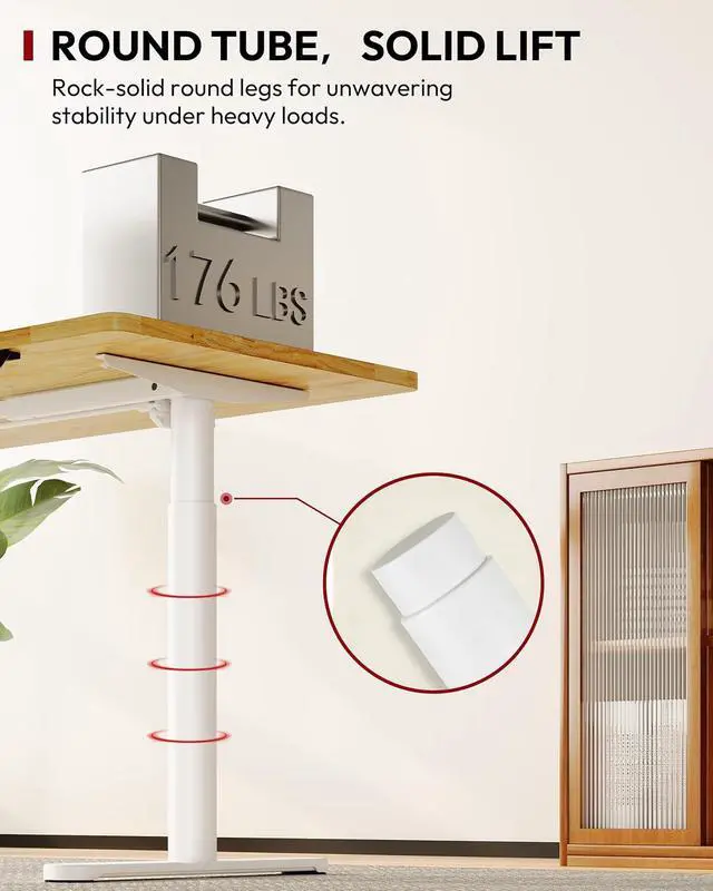 Alt view image 3 of 7 - Solid Wood Standing Desk with Rounded-Column & One-Piece Desktop - 48"x24" Electric Adjustable Desk for Home Office, Memory Height Control, White Frame