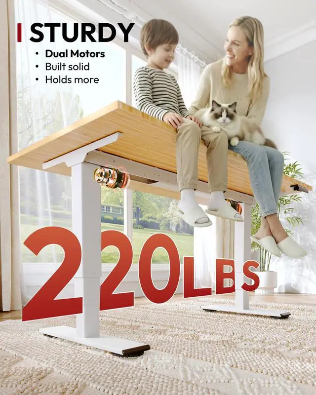 Alt view image 3 of 7 - Solid Bamboo 3-Stage Dual Motor Standing Desk 55×28 One-Piece Top, Holds 220 lbs, Spacious Ergonomic Sit Stand Desk with Memory Presets for Home Office, White Frame/Natural Curved Bamboo