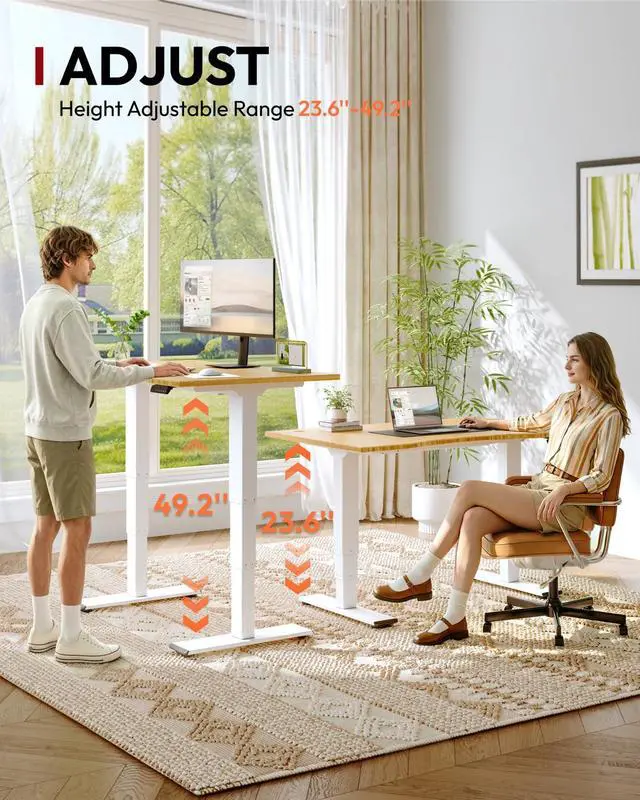 Alt view image 2 of 7 - Solid Bamboo 3-Stage Dual Motor Standing Desk 55×28 One-Piece Top, Holds 220 lbs, Spacious Ergonomic Sit Stand Desk with Memory Presets for Home Office, White Frame/Natural Curved Bamboo