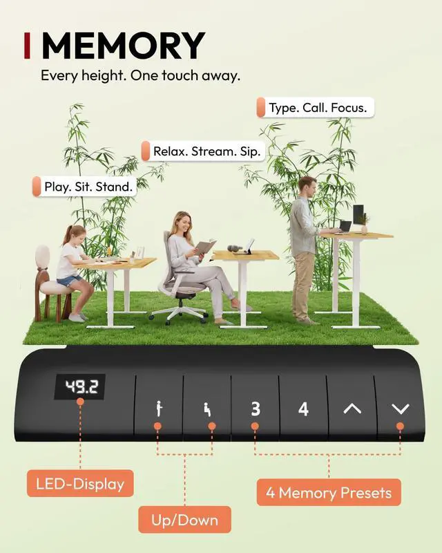 Alt view image 6 of 7 - Solid Bamboo 3-Stage Dual Motor Standing Desk 55×28 One-Piece Top, Holds 220 lbs, Spacious Ergonomic Sit Stand Desk with Memory Presets for Home Office, White Frame/Natural Curved Bamboo