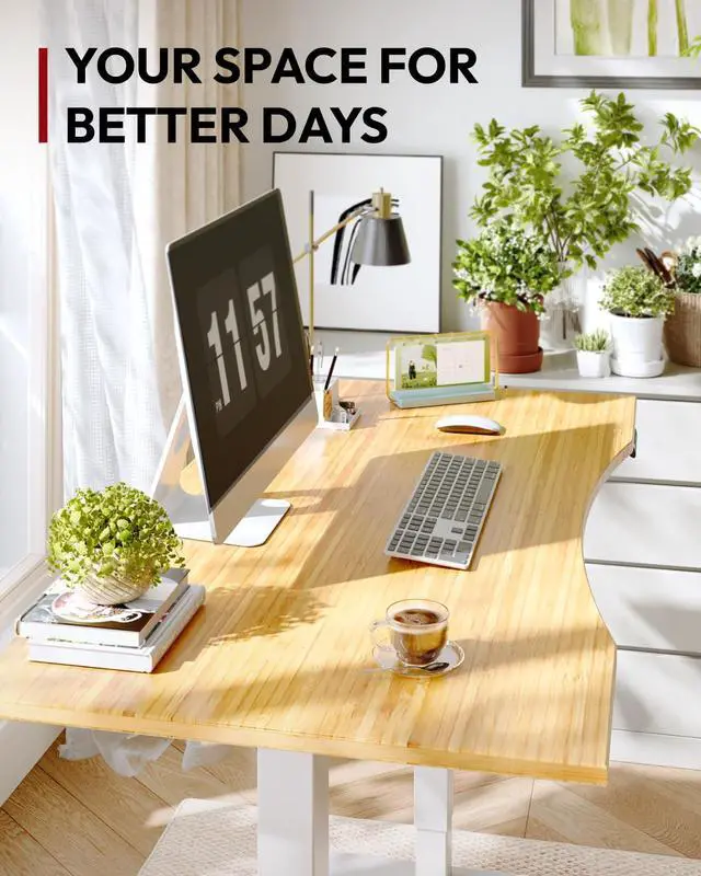 Alt view image 7 of 7 - Solid Bamboo 3-Stage Dual Motor Standing Desk 55×28 One-Piece Top, Holds 220 lbs, Spacious Ergonomic Sit Stand Desk with Memory Presets for Home Office, White Frame/Natural Curved Bamboo