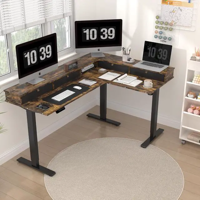 Alt view image 2 of 7 - L Shaped Standing Desk with 3 Drawers, Height Adjustable Stand up Desk, Corner Gaming Desk with Monitor Stand (Rustic Brown, 63"x47")