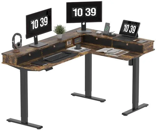 Main image of L Shaped Standing Desk with 3 Drawers, Height Adjustable Stand up Desk, Corner Gaming Desk with Monitor Stand (Rustic Brown, 63"x47")