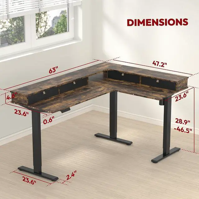 Alt view image 3 of 7 - L Shaped Standing Desk with 3 Drawers, Height Adjustable Stand up Desk, Corner Gaming Desk with Monitor Stand (Rustic Brown, 63"x47")