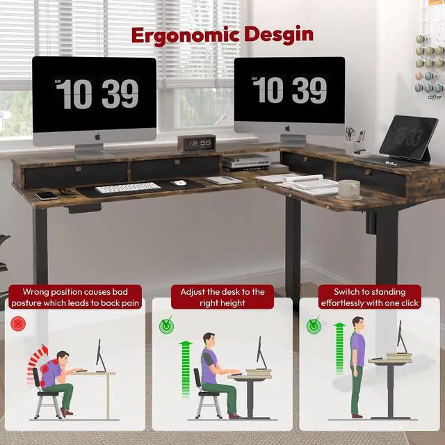 Alt view image 5 of 7 - L Shaped Standing Desk with 3 Drawers, Height Adjustable Stand up Desk, Corner Gaming Desk with Monitor Stand (Rustic Brown, 63"x47")