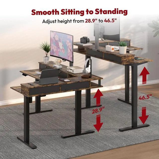 Alt view image 4 of 7 - L Shaped Standing Desk with 3 Drawers, Height Adjustable Stand up Desk, Corner Gaming Desk with Monitor Stand (Rustic Brown, 63"x47")