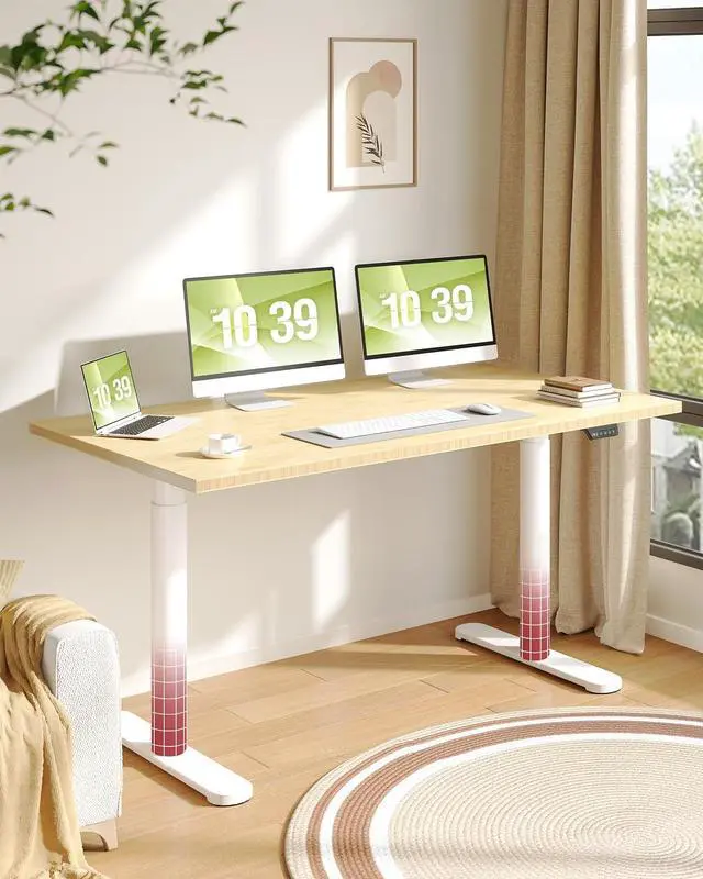 Main image of Bamboo Standing Desk with Rounded-Column & One-Piece Desktop - 60"x30" Electric Adjustable Desk for Home Office, Memory Height Control, White Frame