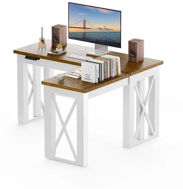 Main image of L-Shaped Executive Electric Standing Desk, 55"x48" Wood Farmhouse Home Office Height Adjustable Corner Desk with Drawer (Cherrywood Top + White Frame, 3 Packages)