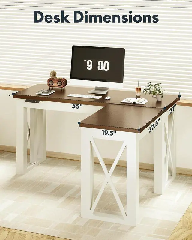 Alt view image 3 of 7 - L-Shaped Executive Electric Standing Desk, 55"x48" Wood Farmhouse Home Office Height Adjustable Corner Desk with Drawer (Cherrywood Top + White Frame, 3 Packages)