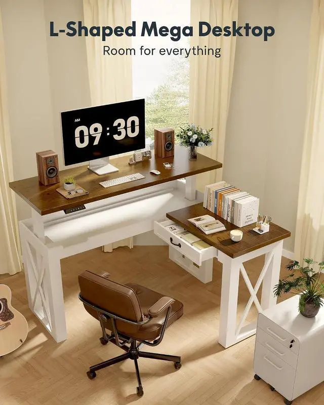 Alt view image 2 of 7 - L-Shaped Executive Electric Standing Desk, 55"x48" Wood Farmhouse Home Office Height Adjustable Corner Desk with Drawer (Cherrywood Top + White Frame, 3 Packages)