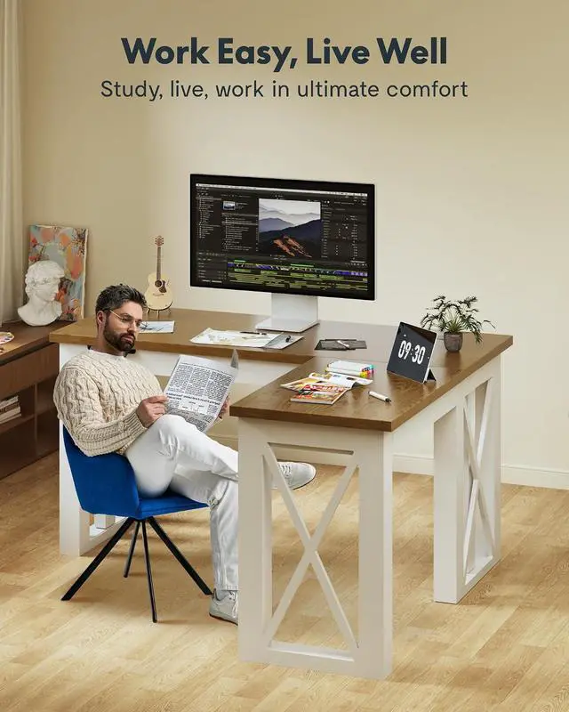 Alt view image 4 of 7 - L-Shaped Executive Electric Standing Desk, 55"x48" Wood Farmhouse Home Office Height Adjustable Corner Desk with Drawer (Cherrywood Top + White Frame, 3 Packages)
