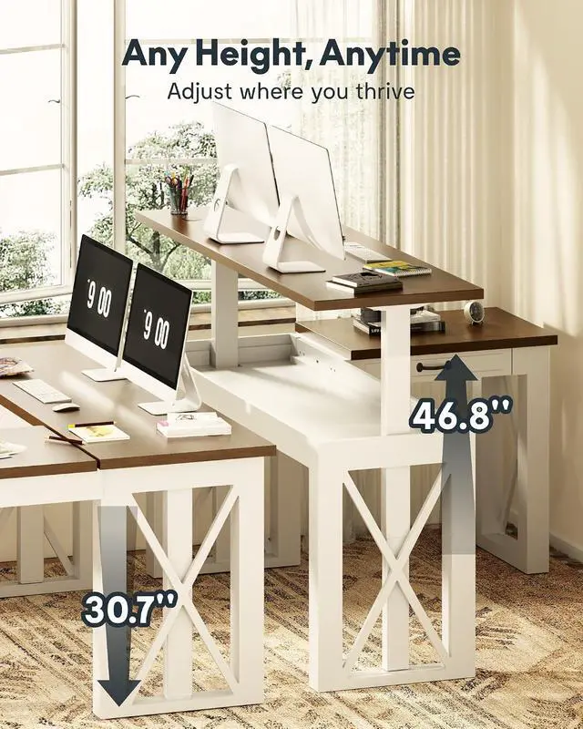 Alt view image 5 of 7 - L-Shaped Executive Electric Standing Desk, 55"x48" Wood Farmhouse Home Office Height Adjustable Corner Desk with Drawer (Cherrywood Top + White Frame, 3 Packages)