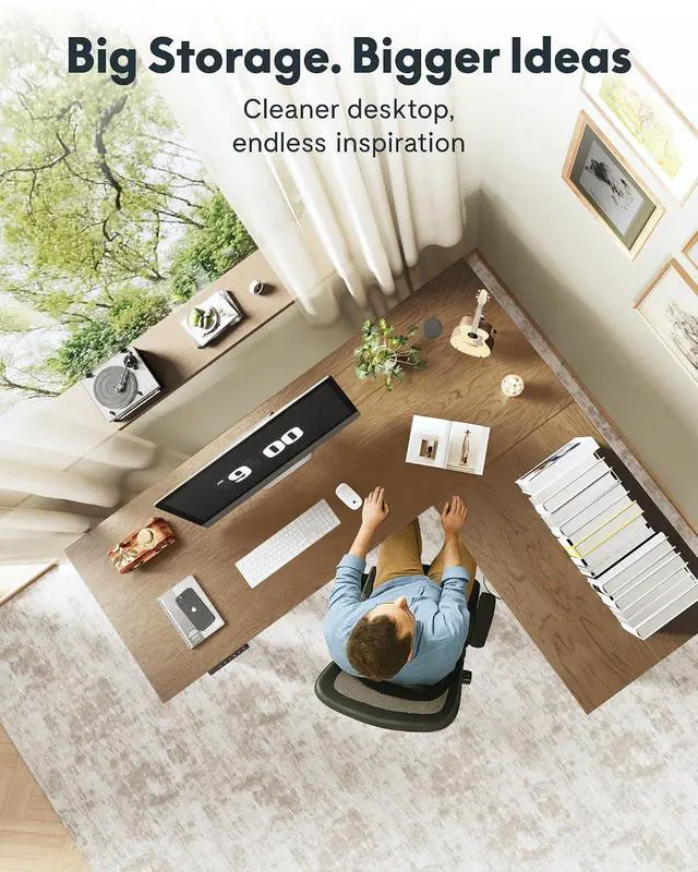 Alt view image 7 of 7 - L-Shaped Executive Electric Standing Desk, 55"x48" Wood Farmhouse Home Office Height Adjustable Corner Desk with Drawer (Cherrywood Top + White Frame, 3 Packages)
