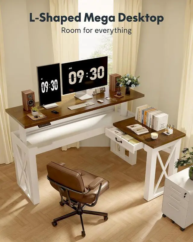 Alt view image 2 of 7 - L-Shaped Executive Electric Standing Desk, 62"x48" Wood Farmhouse Home Office Height Adjustable Corner Desk with Drawer (Cherrywood Top + White Frame, 3 Packages)
