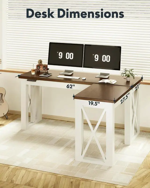 Alt view image 3 of 7 - L-Shaped Executive Electric Standing Desk, 62"x48" Wood Farmhouse Home Office Height Adjustable Corner Desk with Drawer (Cherrywood Top + White Frame, 3 Packages)