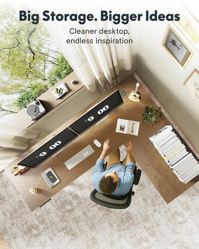 Alt view image 7 of 7 - L-Shaped Executive Electric Standing Desk, 62"x48" Wood Farmhouse Home Office Height Adjustable Corner Desk with Drawer (Cherrywood Top + White Frame, 3 Packages)