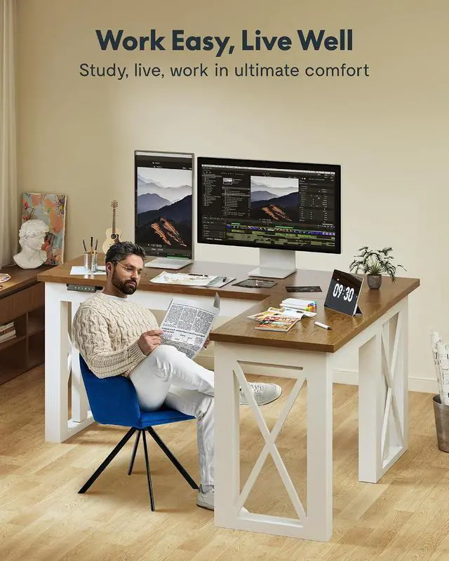 Alt view image 4 of 7 - L-Shaped Executive Electric Standing Desk, 62"x48" Wood Farmhouse Home Office Height Adjustable Corner Desk with Drawer (Cherrywood Top + White Frame, 3 Packages)