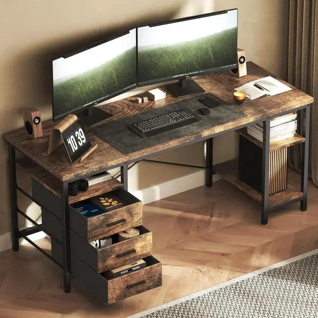 Main image of 47" Computer Desk, Home Office Desk with 3 Reversible Storage Shelves and Drawers, Small PC Table for Bedroom, Brown